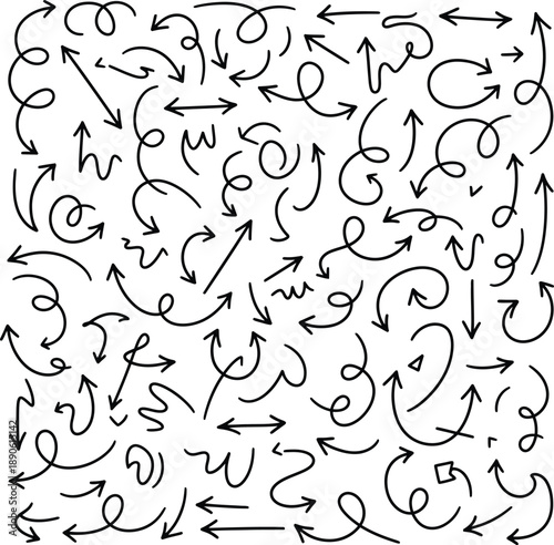Large collection of hand drawn doodle arrows and messy black line pointers with swirls and curls for creative business projects and sketch design.