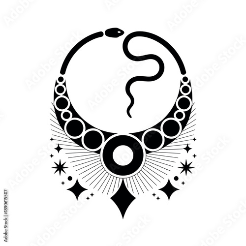 A black and white illustration of a snake coiled around a crescent moon with stars and geometric shapes