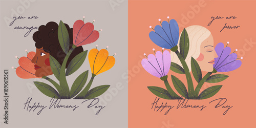 Women's Day greeting cards.Confident strong women of different cultures and nationalities sitting in flowers symbolizing feminism,women's empowerment.Girl power movement,equal rights,self care concept