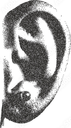 Ear vintage y2k stipple art, listen halftone stipple brutalist retro vector png with transparent background, sound 2000s aesthetic photocopy effect tattoo