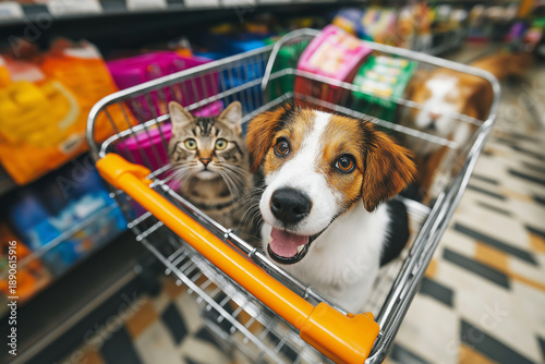 Cat and dog ride in a grocery cart at a supermarket. It is a bright, playful moment.