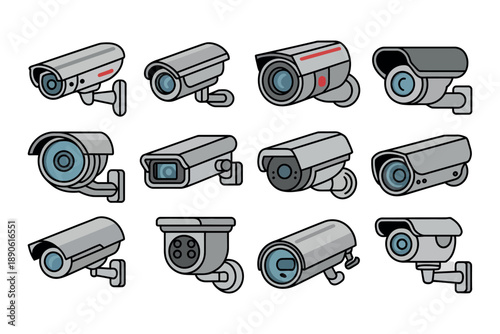 A collection of various security cameras on a white background