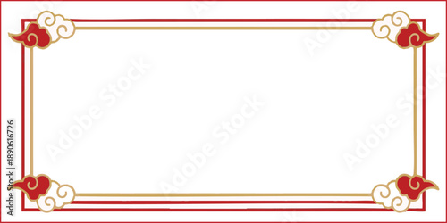 Blank Chinese style rectangular frame with cloud corners. Red and gold border template.