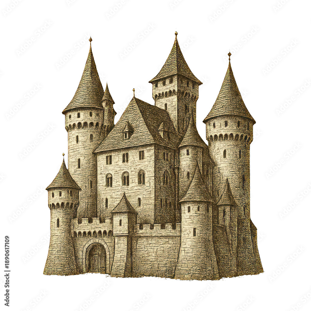 Fototapeta premium PNG Vintage fairytale castle illustration.