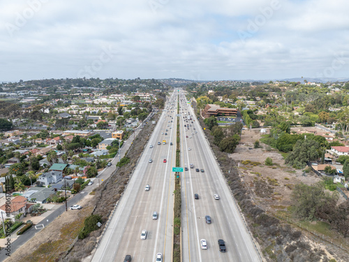 Aerial view of traffic on a highway with a lot of cars in San Diego, California, USA. Highway 5th