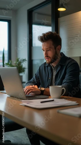Focused young man working on a laptop in a stylish office environment. Concept of remote work, business productivity, and modern workspace.
