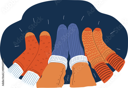 Cartoon vector illustration of three people’s feet in warm socks, symbolizing comfort as shared cozy moments against dark background