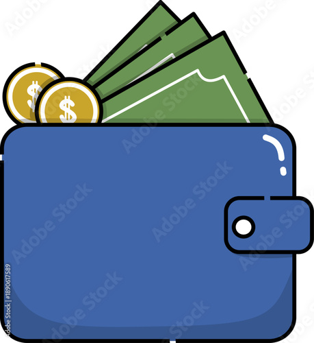 Illustration of blue wallet full of money and coins