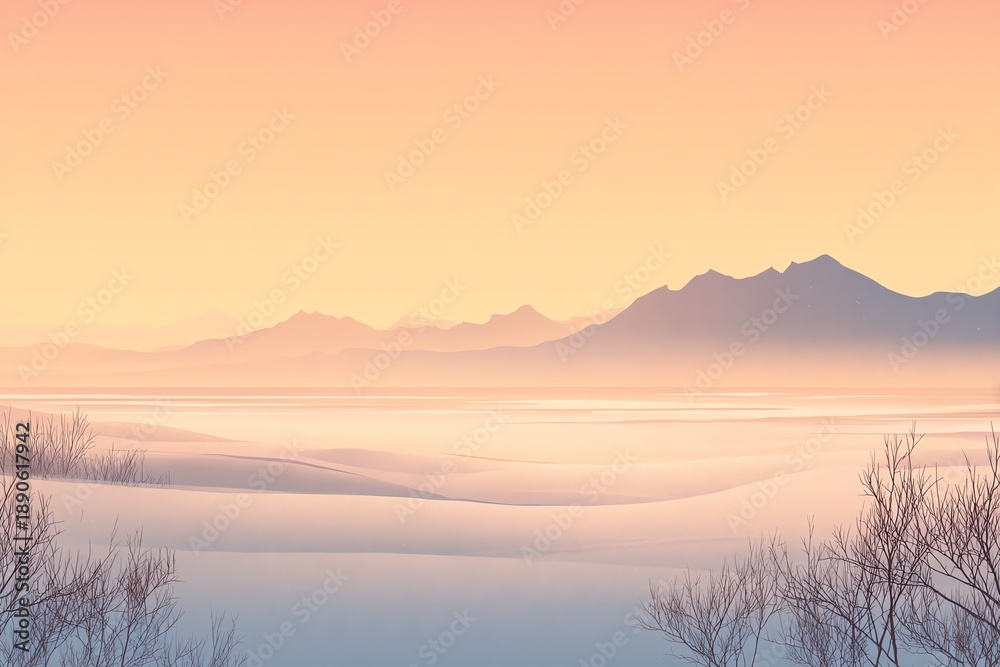 Fototapeta premium Stylized sunrise tundra scene