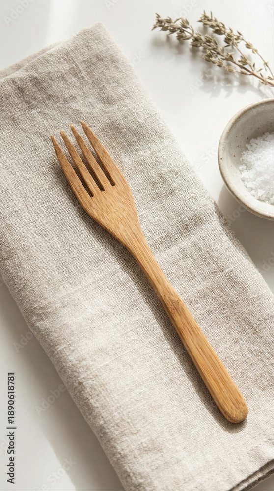 Fototapeta premium eco-friendly bamboo fork on linen napkin with sea salt bowl and dried herbs