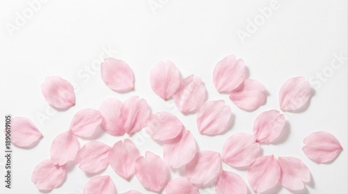 delicate pastel pink cherry blossom petals scattered on white background