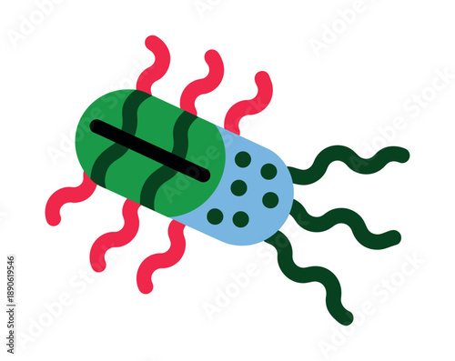 A colorful cartoon illustration of a bacteria cell with flagella and pili on a white background