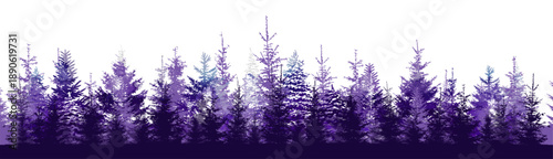 Fir trees violet silhouette. Christmas winter forest. Beautiful hand drawn panorama of coniferous forest. Not AI, vector illustration.
