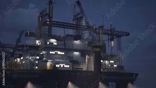 Massive offshore installation barge in ocean doing petrol exploitation at night. Maritime steel platform in deepwater sea equipped with drilling derrick cranes for 24 hour nonstop subsea operations