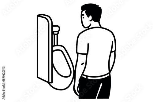 A man standing in front of a wall-mounted urinal in a public restroom