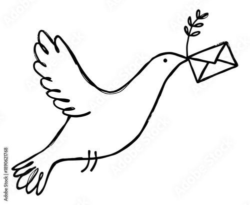 Hand drawn line art illustration of a dove depicting flight carrying an olive branch and an envelope for peace and communication