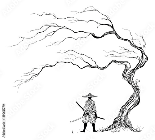 Hand drawn line art illustration of a samurai depicting a lone warrior with a katana under a gnarled tree for Japanese culture and history