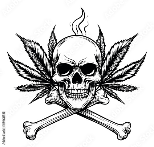 Hand drawn line art illustration of a skull and crossbones with cannabis leaves depicting a smoking marijuana concept for merchandise