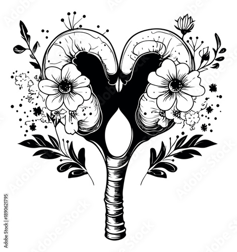 Hand drawn line art illustration of a uterus depicting blooming flowers for women's reproductive health and wellness