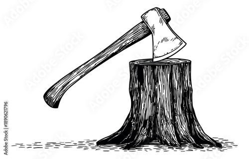 Hand drawn line art illustration of an axe depicting it stuck in a tree stump for woodcutting concepts