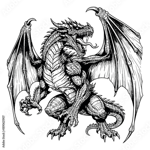 Hand drawn line art illustration of a powerful dragon depicting an aggressive stance for fantasy designs