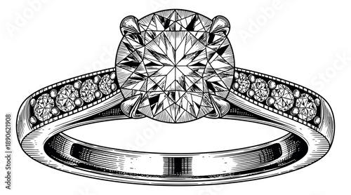 Hand drawn line art illustration of a diamond engagement ring depicting a large faceted stone for weddings and luxury jewelry