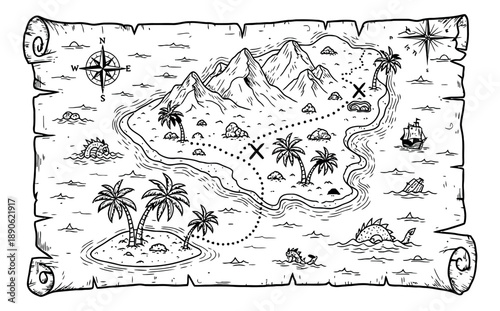 Hand drawn line art illustration of a treasure map depicting islands, mountains, a pirate ship, and sea monsters for pirate adventure stories