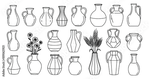 Hand drawn line art pottery set featuring various ancient jugs and flower vases for interior decor