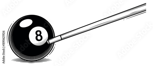 Hand drawn line art illustration of an 8 ball and cue stick depicting a strike for a sports or game theme