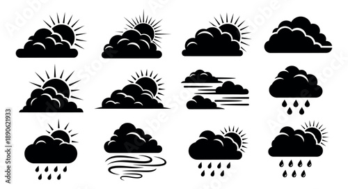 Graphic weather icons set featuring different cloud, sun, rain, and wind conditions for forecast design