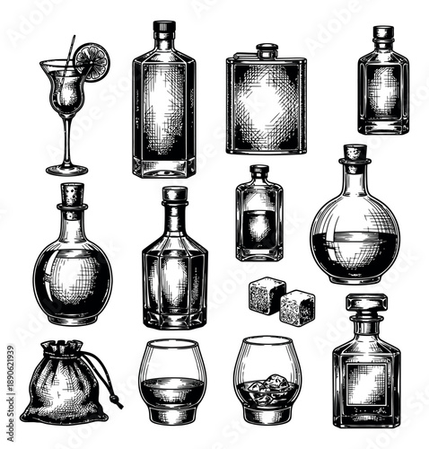 Hand drawn line art alcohol drinks and barware set featuring various bottles, glasses, a hip flask, and ice cubes for bar and beverage designs