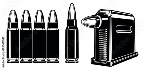 Monochrome graphic set featuring rifle bullets and a magazine loader for firearms training