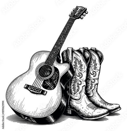 Hand drawn country music set featuring an acoustic guitar and cowboy boots for entertainment design