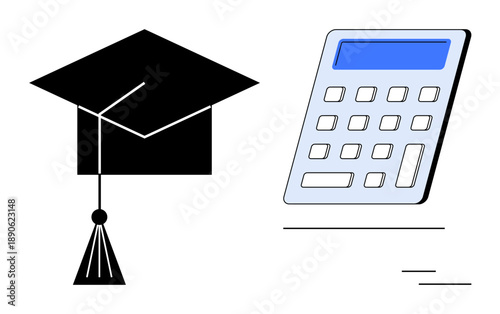 Education, academic success, financial planning, scholarships, learning, student life. Black graduation cap and calculator set against white. Education and academic success concept