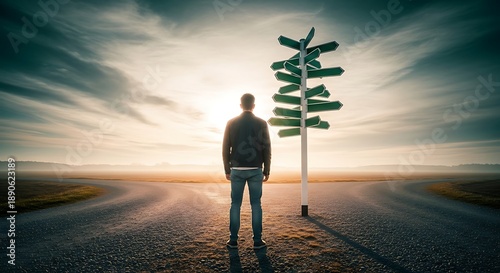 Man standing on road with multiple direction signs at sunset