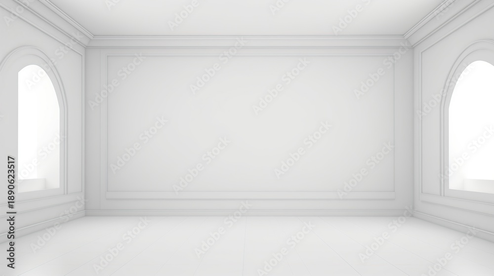 Fototapeta premium Bright Empty Monochrome Room with Arched Windows and Soft Curves