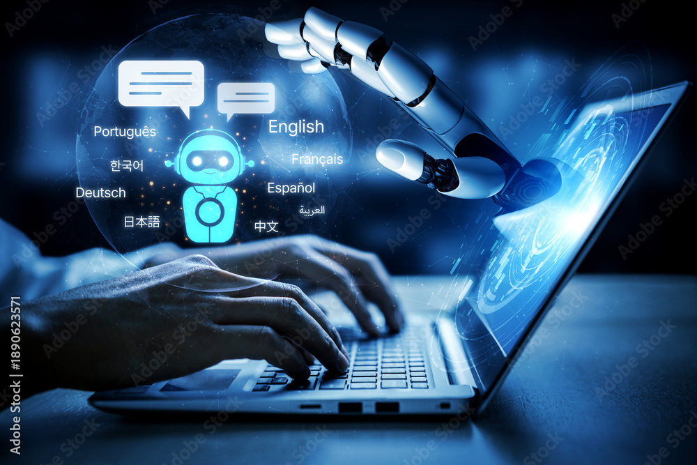 Obraz premium AI bridges languages with multilingual assistants, smart translation tools, and cross-cultural virtual learning environments. Artificial intelligence spline