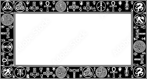 A black and white vector graphic border frame with various astrological symbols and glyphs