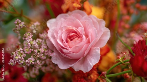 Delicate pink flower stands out amidst a lush arrangement of vibrant blooms showcasing natures beauty in a garden filled with color and life during the day.