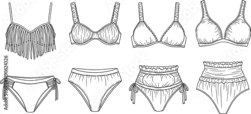 Black and white line of various bikini tops and bottoms swimwear women's underwear lingerie fashion line black and white