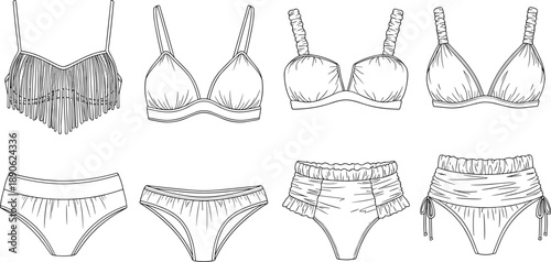 Black and white line of various bras and underwear lingerie panties line black and white