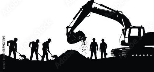 Black silhouette of construction workers and excavator