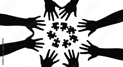 Black silhouette of eight hands around puzzle pieces white