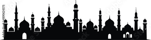 Black silhouette of mosque skyline with domes and minarets