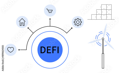 Decentralized finance DEFI concept. DEFI illustrated with linked icons home, shopping, energy, and technology. DEFI supports innovation, sustainability, blockchain, and renewable energy