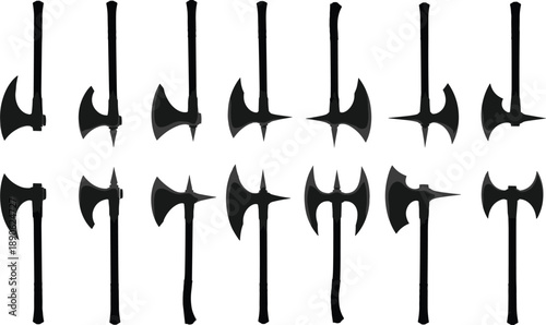 Black silhouettes of various axes and hatchets on white background tools