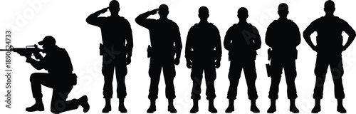 Black silhouettes of soldiers in various poses military white background