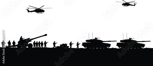 Black silhouettes of soldiers tanks and helicopters on white background military