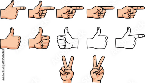 Cartoon hands making gestures pointing thumbs up peace signs