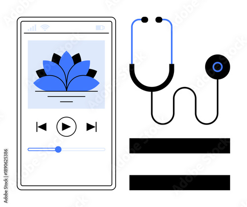 Smartphone displaying meditation app interface with lotus graphic and stethoscope beside it. Ideal for wellness, healthcare, mindfulness, mental health, relaxation, self-care, digital therapy themes